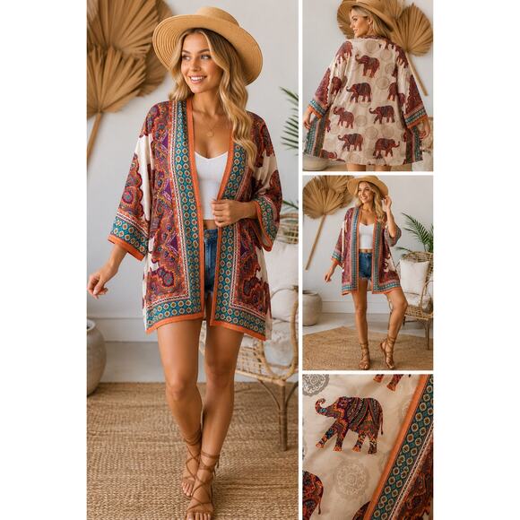 Unbranded Sweaters - Boho Elephant Print Kimono Cardigan Open Front Paisley Festival Cover Up Large